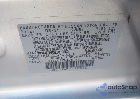 2019 Nissan Versa 1.6 Sv z USA, uszkodzony, nr VIN 3N1CN7AP5KL870550